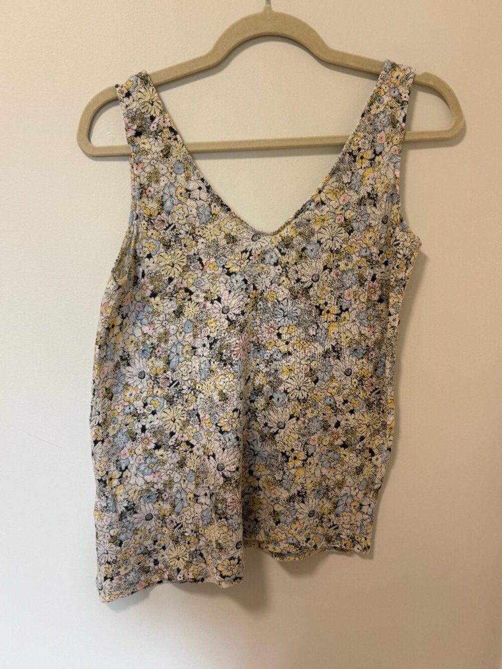 Floral Tank 100% linen Top Basic Asymmetric Hem Spring Fairy Garden Layering